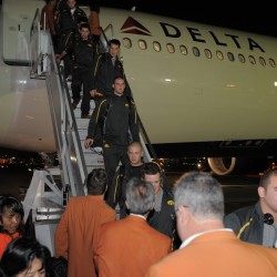 Iowa players deplane and are greeted by OB members Iowa players deplane and are greeted by OB members