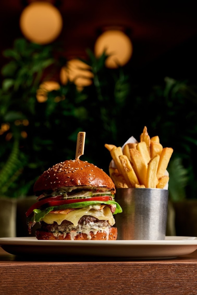 Grand Public Kitchen & Bar burger with fries — part of the new $50 October dinner menu