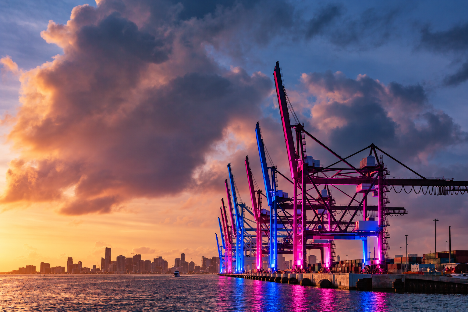 PortMiami cranes lit in Vice City magenta and blue at sunset