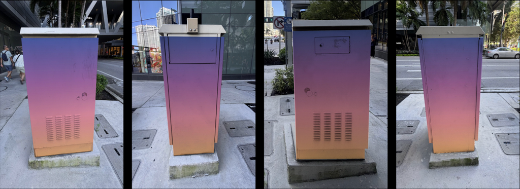 Traffic signal cabinets along Brickell wrapped in Vice City purple-to-peach gradient