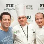 Chef Adam Perry Lang, FIU School of Hospitality's Chef Michael Moran and Chef Chris Lilly at the Miami Beach Convention Center kitchen.
