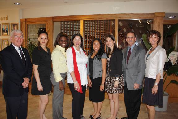 Pictured left to right:  Dean Mike Hampton, Recipients Natalie Koller, Jasmine Todd, Johanna Melcon, Clara Alcantara and Annelise Rodriguez.  Natansohn Foundation Board members Mitchell Schlesinger and Joyce Landry.