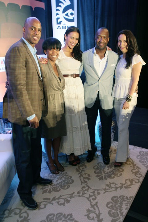 "The Insider" co-host Kevin Frazier, Faye Wright, American Airlines; Paula Patton, Jeff Friday, Founder, American Black Film Festival; and Melanie Sharee, Festival Director American Black Film Festival at the Film Life's 15th Annual American Black Film Festival ' A Conversation with Paula Patton ' Presented by American Airlines held at The Ritz Carlton Hotel on July 8, 2011 in Miami Beach, Florida. (Photo by Terrence Jennings/PictureGroup) 