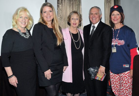 (l-r) Deborah Dolchin, President of the 1000+ Club to Benefit Cancer, Inc.; Elisa Jones, Child Life Therapist for Joe DiMaggio Children’s Hospital; Paula Valad, Chair of the Charitable Giving Grant Committee; Dr. Nick Masi, Co-founder of the Love Jen Fund; and Lotsy Dotsy, resident clown for Joe DiMaggio Children’s Hospital.
