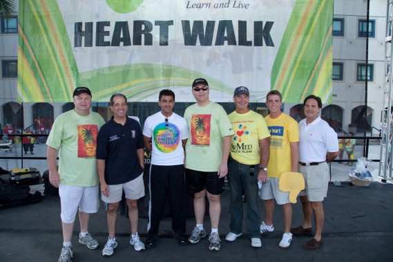 (From left to right) Wayne Brackin, Baptist Health South Florida, 2011 Heart Walk Co-Chair; Bob Kirk, Carnival Cruise Lines; Dr. Narendra Kini, Miami Children’s Hospital, 2011 Heart Walk Co-Chair; Ben Mollere, Baptist Health South Florida; Ed Hannum, AvMed Health Plans; Patrick Downes, Tenet Healthcare; and Ralph Sanchez, Helm Bank USA (not pictured: Barbara Santiago, American Medical Response; Louis Zaccone, TRANE; Roy Ripak, Walgreens; Gilda Rosenberg, Gilly & Natural Choice Vending; and Mike Tomas, BioHeart, Inc.)  Photo courtesy of Randy Borges Photography
