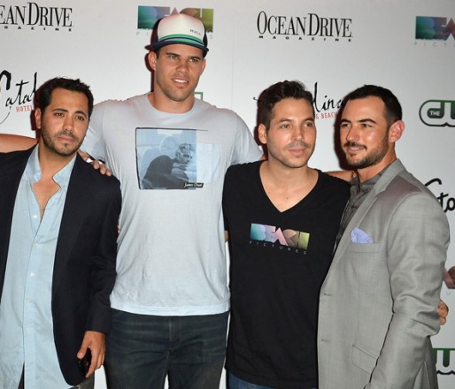 Chris Humphries (C), (L-R) Steve, the producer of the Catalina reality show Adrian Banschk, Jorge Morena and Nathan Lieberman attend The Catalina reality show premiere party at Catalina Hotel on May 22, 2012 in Miami Beach, Florida. (Photo by Johnny Louis/jlnphotography.com)