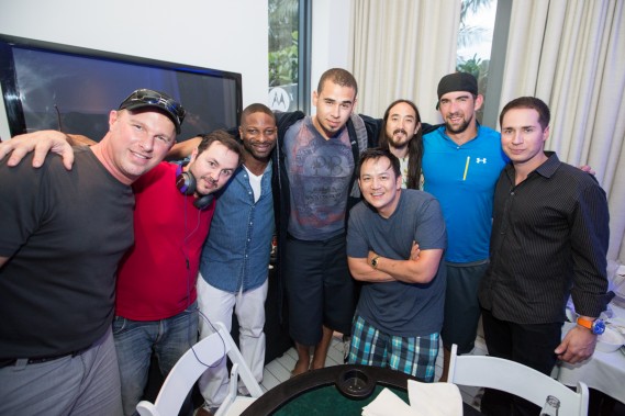 Afrojack, Steve Aoki, Michael Phelps, DJ Ire and the 3 co-founders of SOL REPUBLIC, Scott Hix, Kevin Lee and Seth Combs