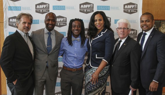 Pictured left to right:  Bruce Orosz, GMCVB Chair; Jeff Friday, Founder American Black Film Festival (ABFF); Elijah Wells, ABFF Community Showcase winner and Overtown Miami filmmaker; Connie Kinnard , GMCVB Vice President Multicultural Tourism and Development; William Talbert, GMCVB President and CEO; and City of Miami Commissioner Keon Hardemon. 