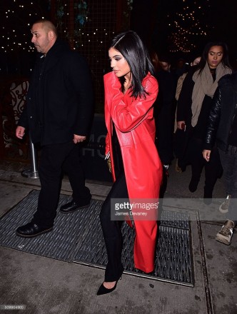 Kylie Jenner wore a Cristiano Burani red leather trench coat while out and about in Manhattan on February 12, 2016.