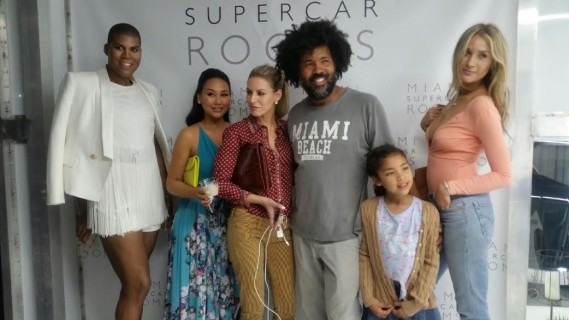 (left to right):  Cast members:  EJ Johnson, Dorothy Wang, Morgan Stewart and Jessica Farrow with Elo (owner of Miami Supercar Rooms) and daughter Kae (photo credit “Miami Supercar Rooms” 
