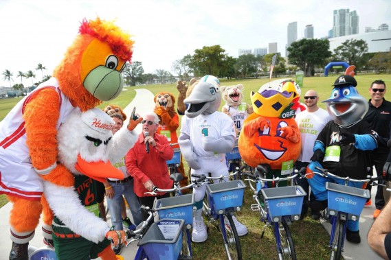 Miami's sports mascots warm-up alongside Bill Talbert, Greater Miami Convention & Visitors Bureau (GMCVB) President & CEO prior to a friendly competitive race to kick-off the GMCVB's Miami Sports & Wellness Month.