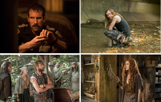 L-R: Thomas M. Wright as Sheriff Houghton; Kyle Gallner as Hasil Farrell; Joe Anderson as Asa Farrell; Gillian Alexy as G’winveer Farrell; in WGN America’s “Outsiders.” 