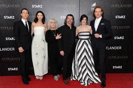 From L-R:  Actors Tobias Menzies, Caitriona Balfe; Costume Designer Terry Dresbach; Executive Producers Ronald D. Moore and Maril Davis; and actor Sam Heughan at the “Outlander” book two premiere event at the American Museum of Natural History 