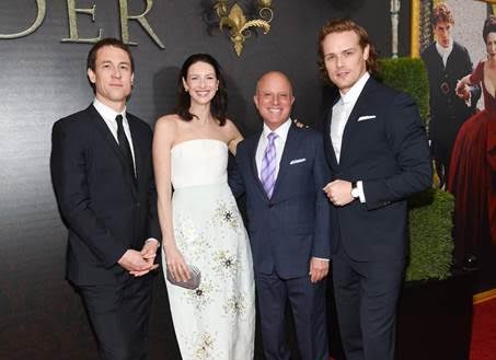 From L-R:  Actors Tobias Menzies and Caitriona Balfe; Chris Albrecht, CEO of Starz; and Actor Sam Heughan attend the “Outlander” book two premiere event at the American Museum of Natural History. 