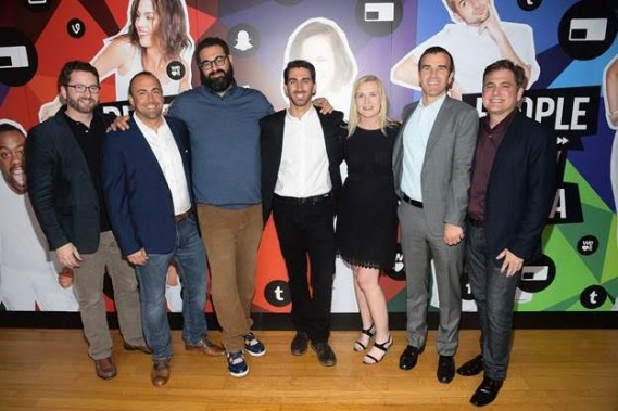 From left, Burnie Berns, Kevin McGurn, Billy Parks, George Strompolos, Maureen Polo, Pete Stein, and Jason Klarman attend the Fullscreen Media NewFront event at the Altman Building on Monday, May 9, 2016 in New York.