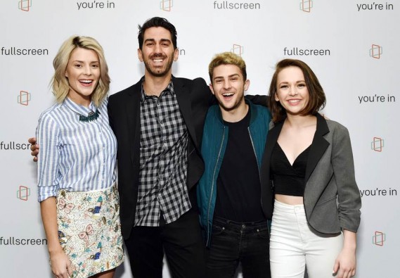(L-R) Grace Helbig (star of Fullscreen’s new original series “Electra Woman & Dyna Girl”), George Strompolos (Founder & Chief Executive Officer, Fullscreen), TWAIMZ (star of Fullscreen’s daily sketch show “Party in the Back”) & Alexis G. Zall (star of Fullscreen’s new daily programming show “Zall Good with Alexis G. Zall”) at Fullscreen’s SVOD unveiling event at Fullscreen’s NYC headquarters on April 25, 2016.  