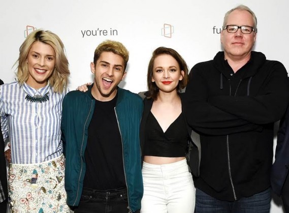 (L-R) Grace Helbig (star of Fullscreen’s new original series “Electra Woman & Dyna Girl”), TWAIMZ (star of Fullscreen’s daily sketch show “Party in the Back”) & Alexis G. Zall (star of Fullscreen’s new daily programming show “Zall Good with Alexis G. Zall”) & Bret Easton Ellis (writer/director of upcoming Fullscreen original series ‘The Deleted’) at Fullscreen’s SVOD unveiling event at Fullscreen’s NYC headquarters on April 25, 2016.  