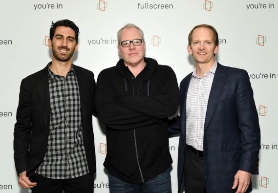 (L-R) George Strompolos (Founder & CEO of Fullscreen), Bret Easton Ellis (writer/director of upcoming Fullscreen original series ‘The Deleted’) & David Christopher (Chief Marketing Officer, AT&T) at Fullscreen’s SVOD unveiling event at Fullscreen’s NYC headquarters on April 25, 2016.