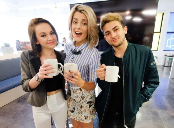 (L-R) Alexis G. Zall (star of Fullscreen’s new daily programming show “Zall Good with Alexis G. Zall”), Grace Helbig (star of Fullscreen’s new original series “Electra Woman & Dyna Girl”) & TWAIMZ (star of Fullscreen’s daily sketch show “Party in the Back”) at Fullscreen’s SVOD unveiling event at Fullscreen’s NYC headquarters on April 25, 2016.