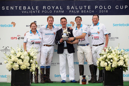 PALM BEACH, FL - MAY 04:  Prince Harry and Royal Salute World Polo Ambassador Malcolm Borwick pose with their team and Royal Salute Brand Ambassador Torquhil Ian Campbell, 13th Duke of Argyll after competing during the Sentebale Royal Salute Polo Cup in Palm Beach at Valiente Polo Farm on May 4, 2016 in Palm Beach, United. The event will raise money for Prince Harrys charity Sentebale, which supports vulnerable children and young people living with HIV in Lesotho in southern Africa.  (Photo by Chris Jackson/Getty Images for Royal Salute)