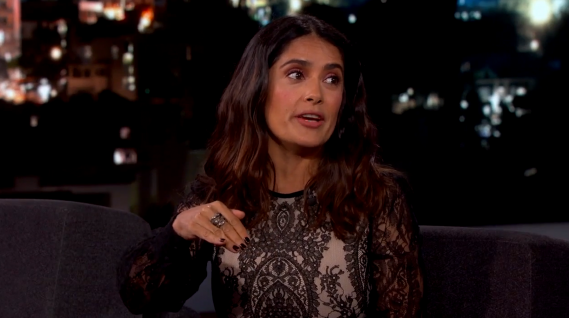 Salma Hayek wore a Bavna black diamond ring during her appearance on ‘Jimmy Kimmel Live’ on Tuesday, August 2, 2016 in Los Angeles, California. 