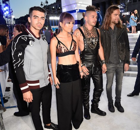 NEW YORK, NY - AUGUST 28:  (L-R) Joe Jonas, JinJoo Lee, Cole Whittle, and Jack Lawless of DNCE attend the 2016 MTV Video Music Awards at Madison Square Garden on August 28, 2016 in New York City.  (Photo by Kevin Mazur/WireImage)