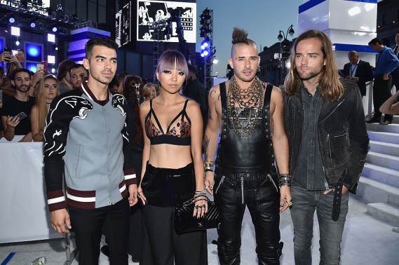 NEW YORK, NY - AUGUST 28:  (L-R) Joe Jonas, JinJoo Lee, Cole Whittle and Jack Lawless of DNCE attend the 2016 MTV Video Music Awards on August 28, 2016 in New York City.  (Photo by John Shearer/Getty Images for MTV.com)