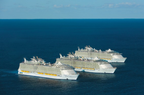 Royal Caribbean International's Oasis-class ships, Oasis of the Seas, Allure of the Seas and the new Harmony of the Seas, struck a chord today, greeting each other at sea for the first and possibly only time.