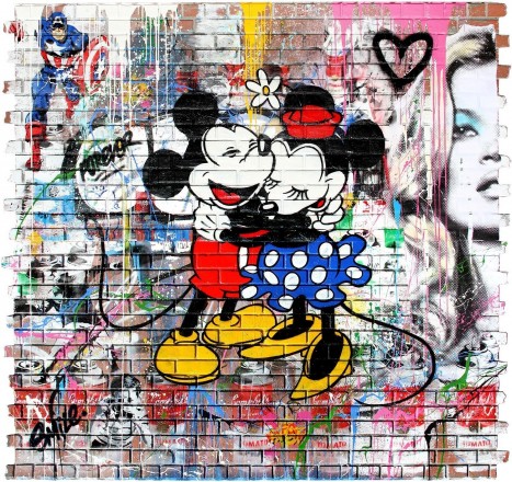 Mr. Brainwash (B. 1966 - ) Mickey & Minnie, 2016 Stencil and Mixed Media on Fiberglass Brick Wall, 96 x 102 inches (Contessa Gallery)