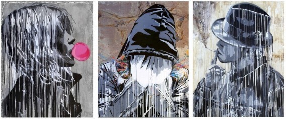 L-R: Hijack (B. 1992 - ) Bubble Gum Girl, 2016, Stencil and Acrylic on Cement, 57 x 45 inches, Splatter, 2016, Stencil and Acrylic on Metal, 57 x 45 inches, Smoke, 2016, Stencil and Acrylic on Drywall, 57 x 45 inches (C) 2016 HIJACK. All Rights Reserved. (Contessa Gallery)
