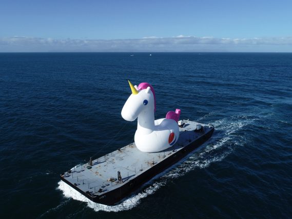 “Pool Day All Day” Pepsi #Summergram Unicorn floatie traveling from Long Beach to Malibu