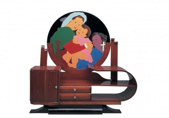 Beatriz González. Gratia Plena (Tocador) (Full of Grace [Vanity]), 1971. Enamel on metal assembly on furniture. 59 x 59 x 15 inches. The Museum of Fine Arts, Houston, museum purchase funded by the 2007 Latin American Experience Gala and Auction