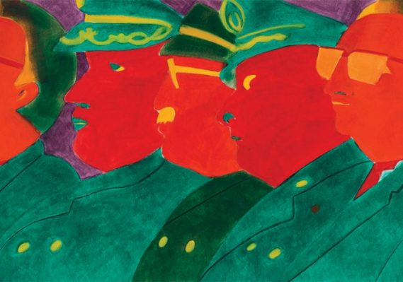 Beatriz González. Los papagayos, 1987. Oil on paper. 29 1/2 x 78 inches. Collection Pérez Art Museum Miami, gift of Jorge M. Pérez