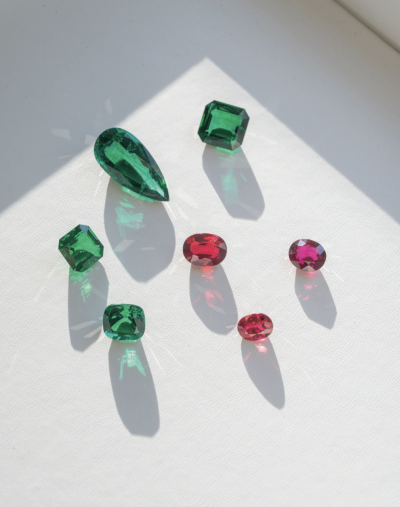 Cut and polished Zambian emeralds and Mozambican rubies/ Courtesy of Gemfields