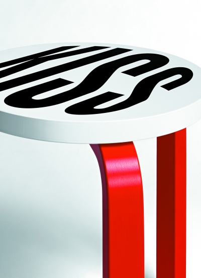 Untitled (Kiss) Stool 60/ Alvar Aalto/Barbara Kruger, 2019/ Courtesy of Institute of Contemporary Arts, London