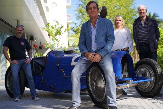 Cyril Gaultier; Greg Jones, Vehicle Owner with Claude (parrot); Caroline and Michel Bugatti, Granddaughter and Son of legendary carmaker Ettore Bugatti.