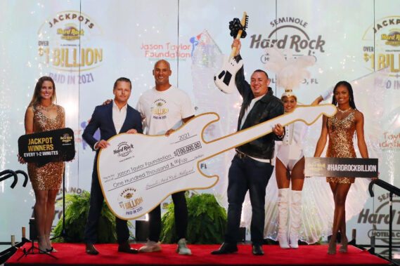 (LTR: Justin Wyborn, assistant general manager of Seminole Hard Rock Hotel & Casino Hollywood, Jason Taylor, and Sergio Montoya)