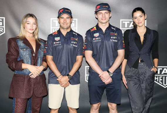 (From left to right) – Madelyn Cline, Sergio “Checo” Perez, Max Verstappen, & Paulina Vega, Photo Credit – Shane Drummond  