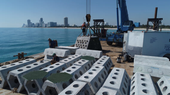 The 18-foot-long structures, including fascinating honeycomb-shaped tubes, are part of an effort by University of Miami researchers and scientists to help restore damaged coral reefs and protect coastal environments. Photo: Jose Ocejo