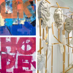 Artwork by Daniel Marosi (left) on display at the Miami Beach Regional Library and Aurora Molina (right) at the Hispanic Branch Library.