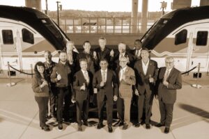 Back row, from left to right: Tim Weisheyer, GOAA Board Member; Caron Good, GOAA Board Chairman; Wes Edens, Chairman, Brightline; Buddy Dyer, Orlando Mayor; Jerry Demings, Orange County Mayor; Front row, from left to right: Belinda Kirkegard, GOAA Board Member; Patrick Goddard, President, Brightline; Gregg Weiss, Mayor, Palm Beach County; Francis Suarez, Mayor, Miami; Mike Reininger, CEO, Brightline; Dr. John Evans, GOAA Board Vice Chair; Kevin Thibault, GOAA CEO.