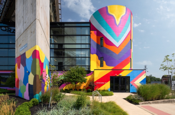 Installation views: Sarah Cain, This is the thing they call life (2023), Orange Barrel Media Headquarters, Columbus, Ohio.