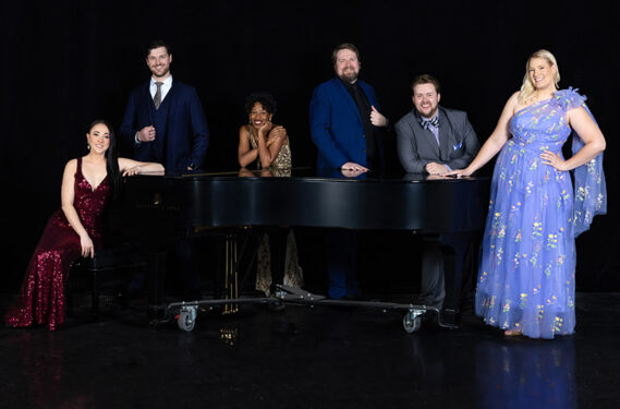 Above : FGO Studio Artists. L-R: Sara Kennedy, Keith Klein, Taylor-Alexis DuPont, Joseph Canuto Leon, Joseph McBrayer, Hayley Lipke (Lipke joins the SongFest series in February). Photo by Edward Leal, Magnate Photography.