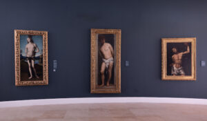 (l to r): Evangelista di Pian di Meleto, Saint Sebastian, ca. 1500, oil on panel, 171x95x8 cm Titian, Saint Sebastian, ca. 1520 - 1530, oil on canvas, 73x28.3" Louis Finson, Saint Sebastian, ca. 1607, oil on canvas, 44x30.9"