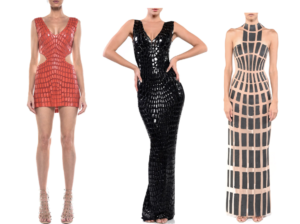 Mini Length Dress V Front Open Back Side Cut Dress ($1,770) | Floor Length Double-V Fitted Gown With Back Slit ($3,960) | Floor Length Racerback Gown ($4,200)