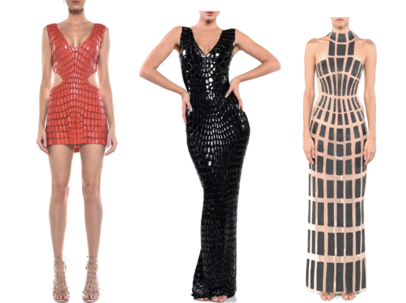 Mini Length Dress V Front Open Back Side Cut Dress ($1,770) | Floor Length Double-V Fitted Gown With Back Slit ($3,960) | Floor Length Racerback Gown ($4,200)