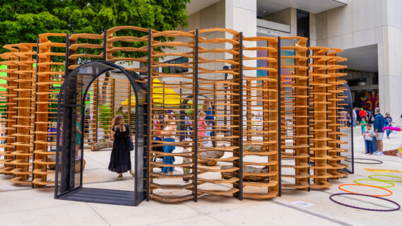 Ukhamba, an installation created by Germane Barnes, associate professor and director of the Community Housing Identity Lab at the School of Architecture. Launched in downtown Miami during the Miami Book Fair, the exhibition will be on view through Feb. 24, 2024. Photo: Matthew Rembold/University of Miami
