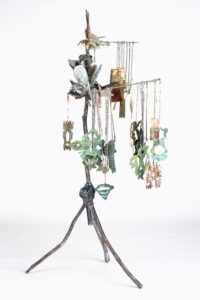 Yasue Maetake, 鍾乳洞 (shōsnyūdō), 2022-2023, Casted aluminum, crab shell, polyester resin coated chiyogami and lily yarn, and steel, 29.5 x 8.5 x 11 in.