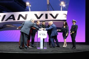 Luis Fonsi, global music sensation and godfather to the new Norwegian Viva, joins Norwegian Cruise Line President David J. Herrera, Harry Sommer, President and CEO of Norwegian Cruise Line Holdings Ltd., and Russell Galbut, NCLH Chairman of the Board in Miami to officially name and christen the second ship in the groundbreaking Prima Class.