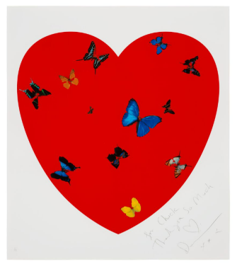 Contemporary Edition DAMIEN HIRST (B. 1965) All You Need is Love, Love, Love screenprint in colors, on wove paper, 2008 signed and dedicated 'For Chuck / Thank you so much / Damien XXX' in pencil, numbered 27/150 Estimate: $20,000-30,000